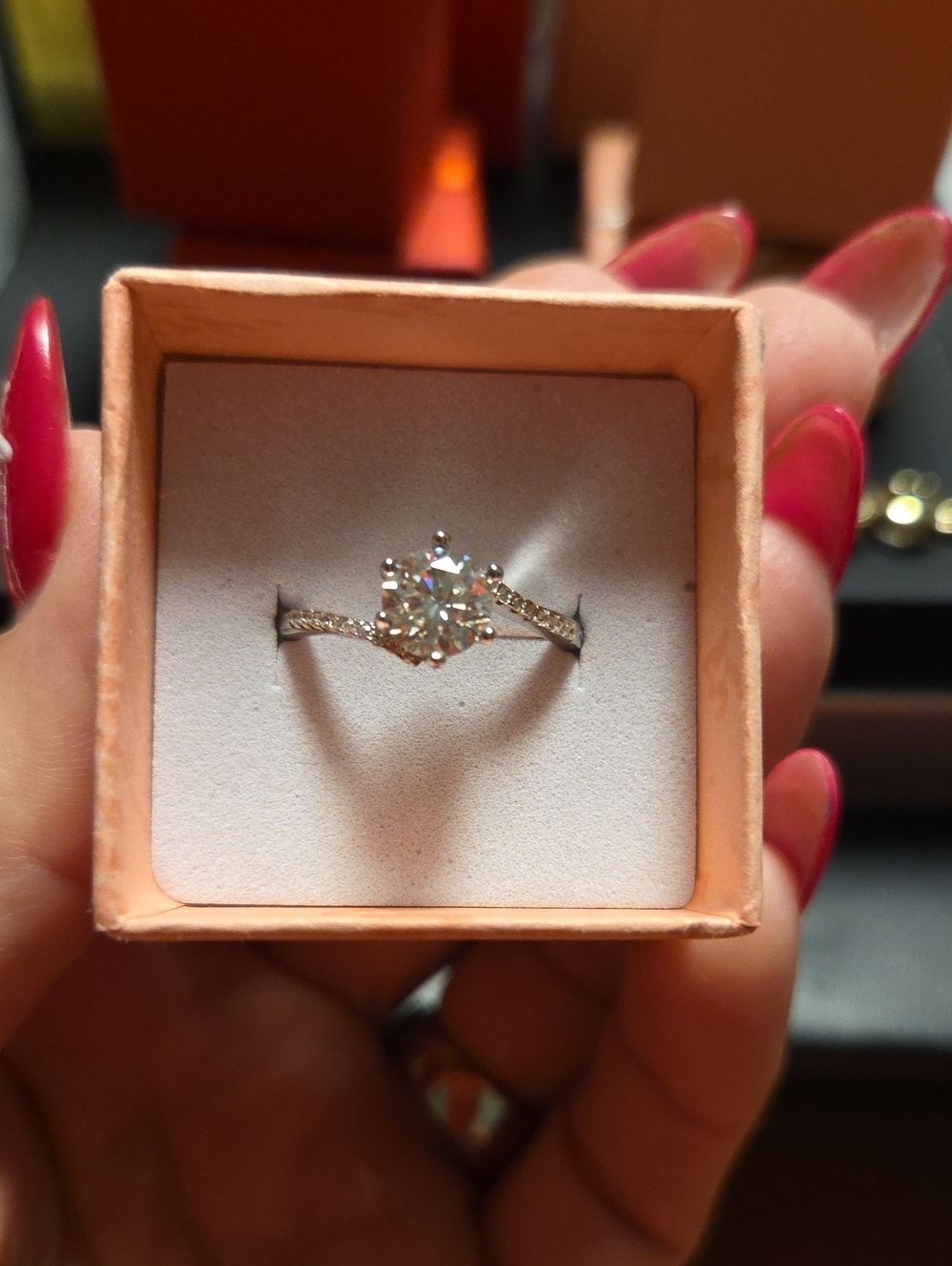 Silver Solitaire Engagement Ring with Pavé Band - Clear White Stone